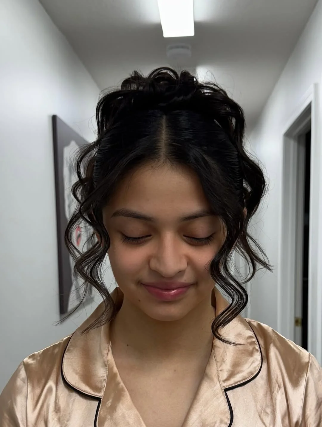 stylish summer updo hairstyles 2026 Playful Curly Updo With Center-Part Tendrils
