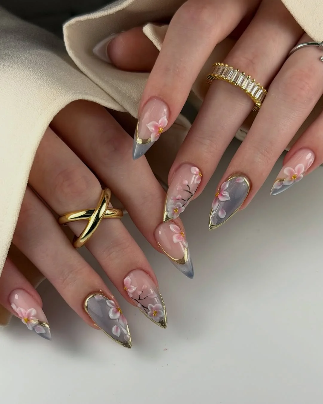 summer acrylic nails 2026 Glass Petal Nails With Gold-Edged Blossoms