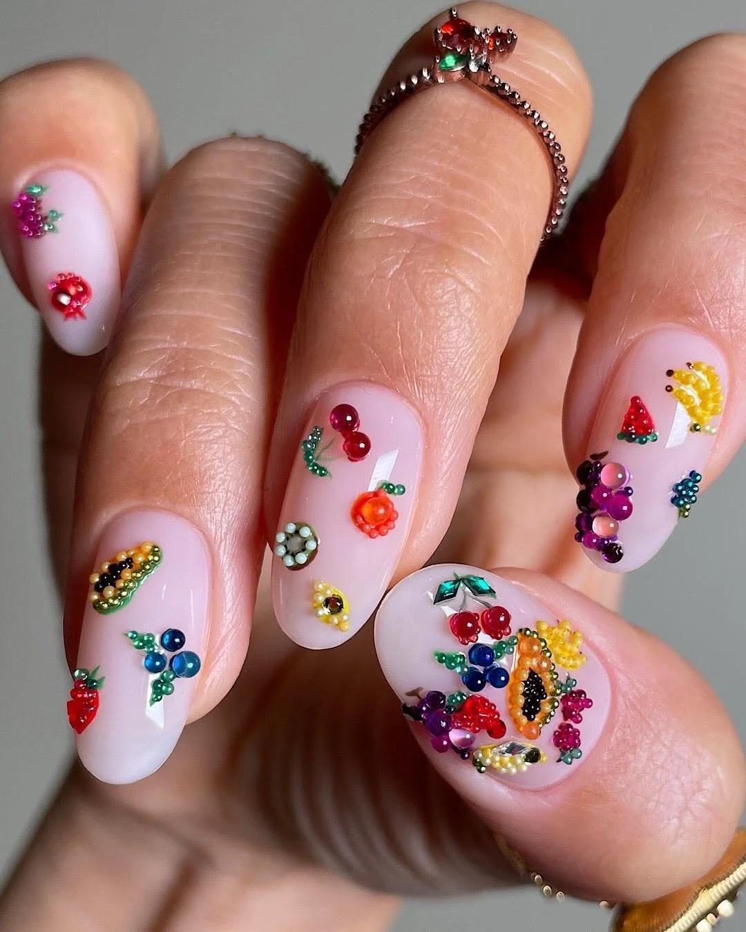 summer acrylic nails 2026 Mini Fruit Charm Milky Nude Nails