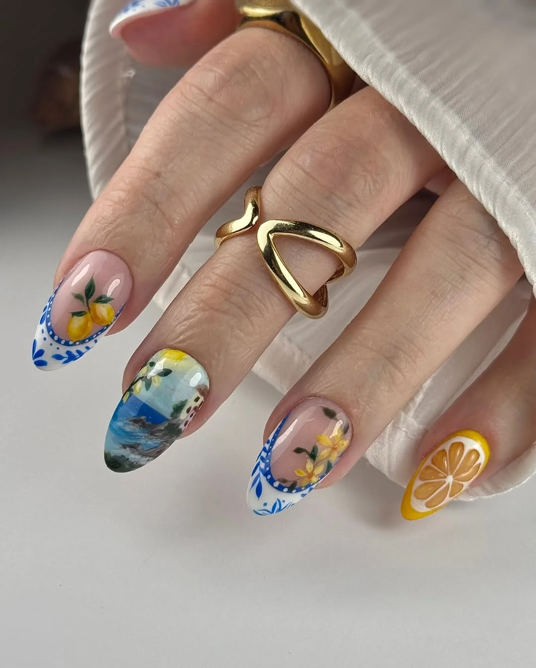 summer acrylic nails 2026 Mediterranean Lemon Art Almond Nails