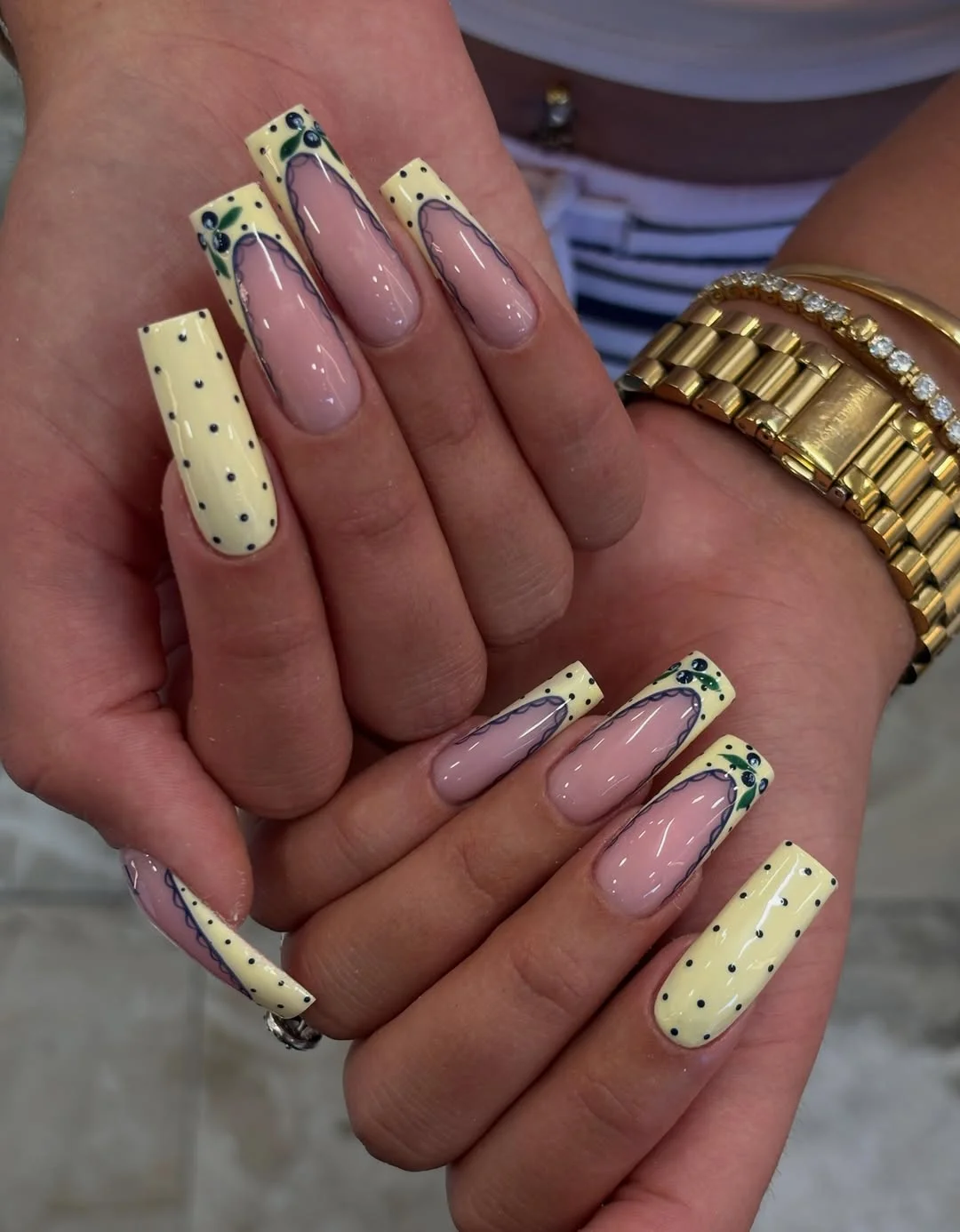 summer acrylic nails 2026 Butter Yellow Polka Dot Square Nails