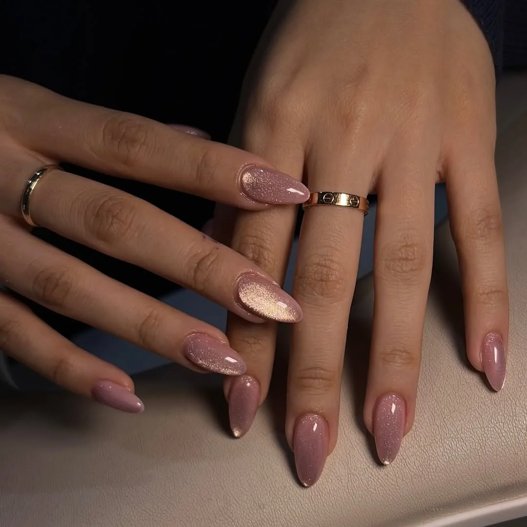 summer acrylic nails 2026 Rose Gold Shimmer Almond Nails