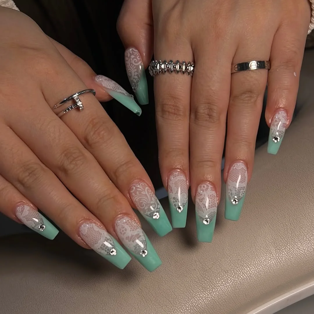 summer acrylic nails 2026 Mint Lace Coffin French Tip Nails