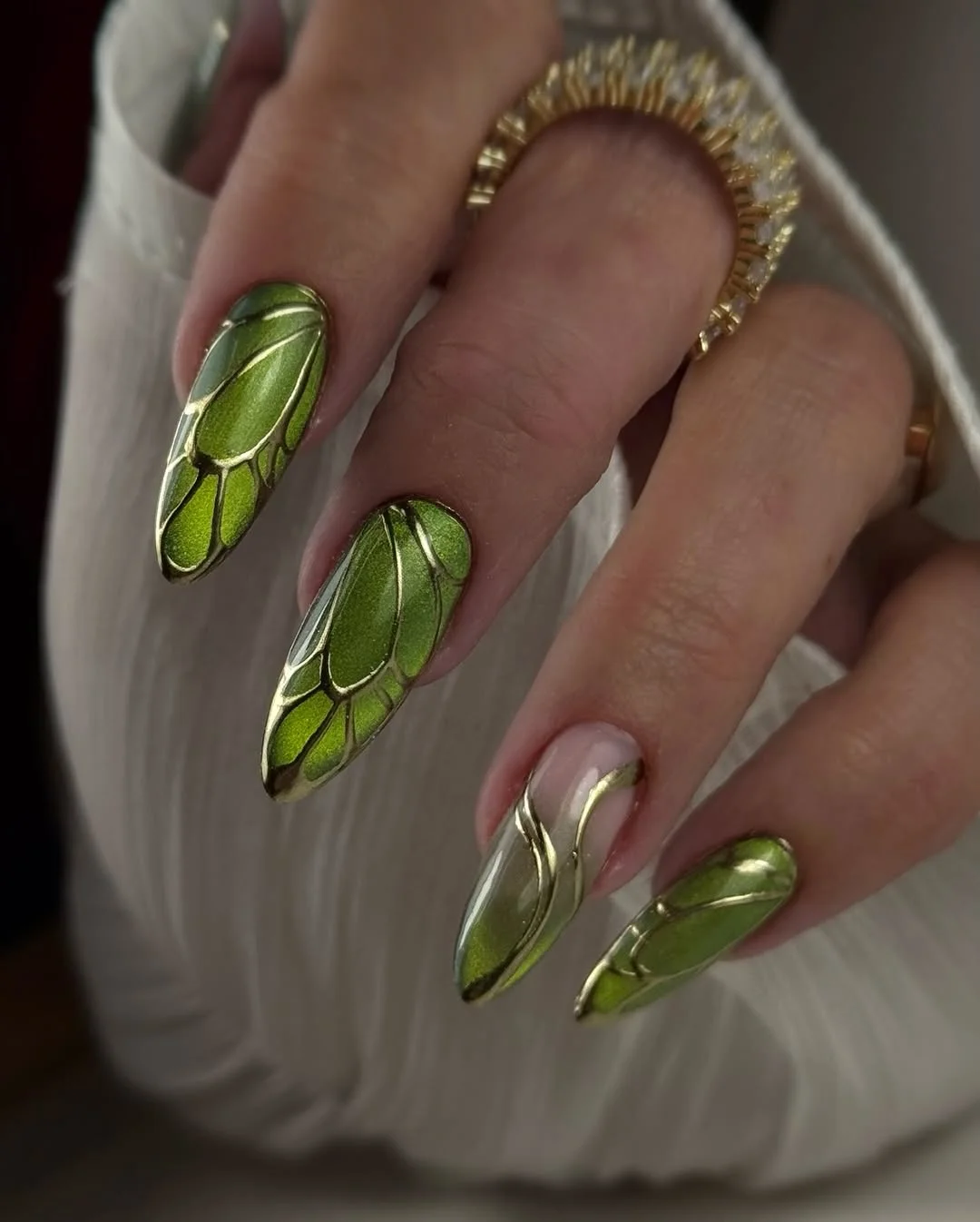 summer acrylic nails 2026 Metallic Moss Green Stiletto Nails