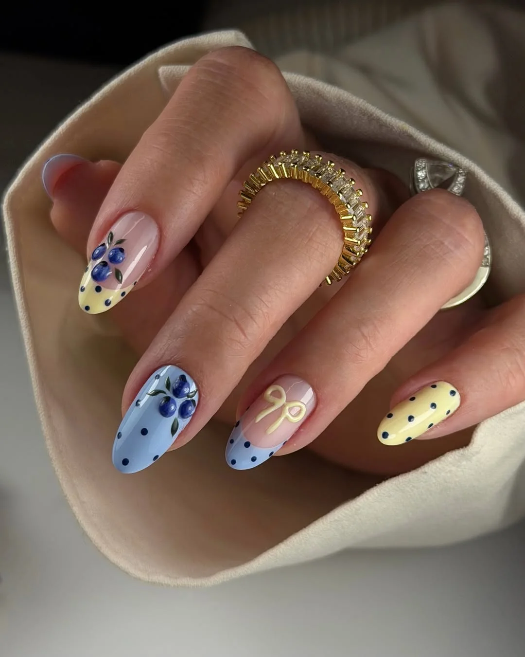 summer acrylic nails 2026 Soft Blueberry Polka Dot Almond Nails