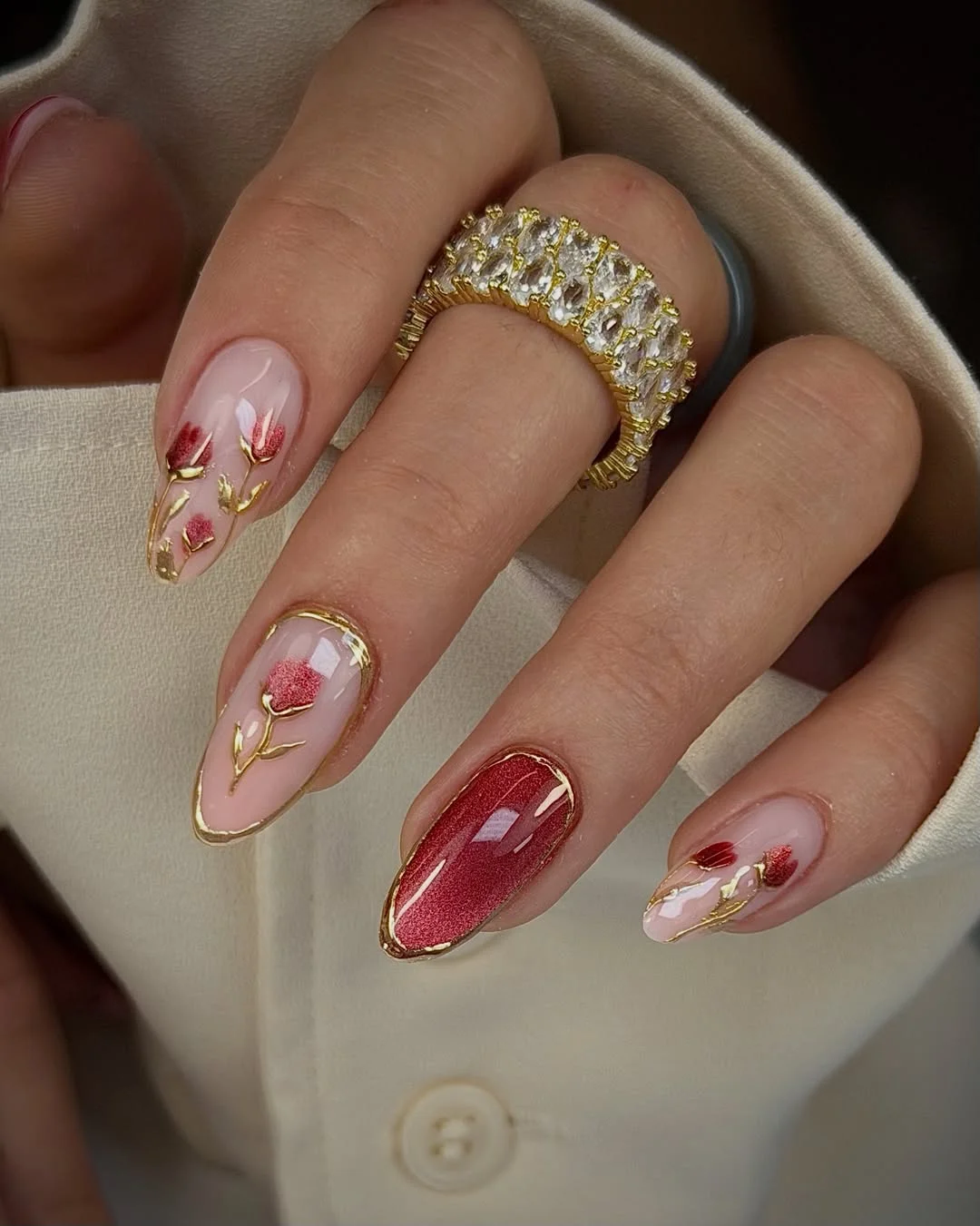 summer acrylic nails 2026 Ruby Floral Chrome Almond Nails