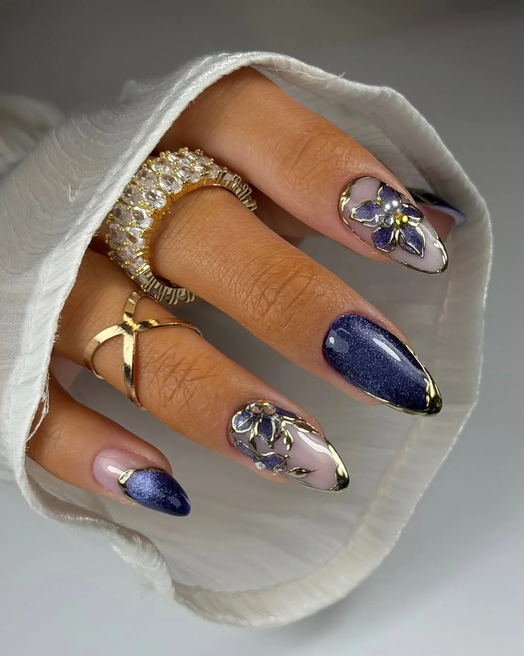 summer acrylic nails 2026 Midnight Indigo Floral Chrome Nails
