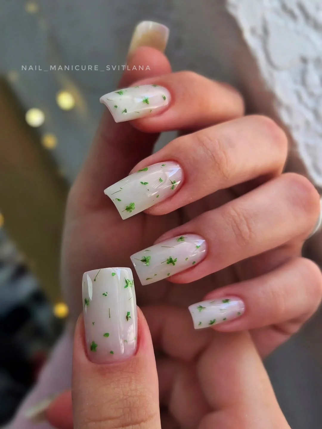 Summer beach nail ideas 2026 Botanical Green Confetti for Coastal Garden Escapes