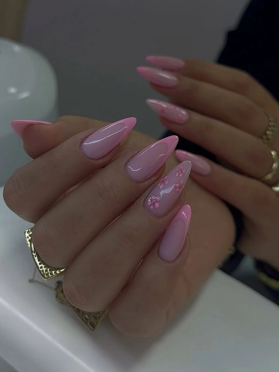 summer dip nails 2026 Glossy Baby Pink Nails With Delicate Floral Details