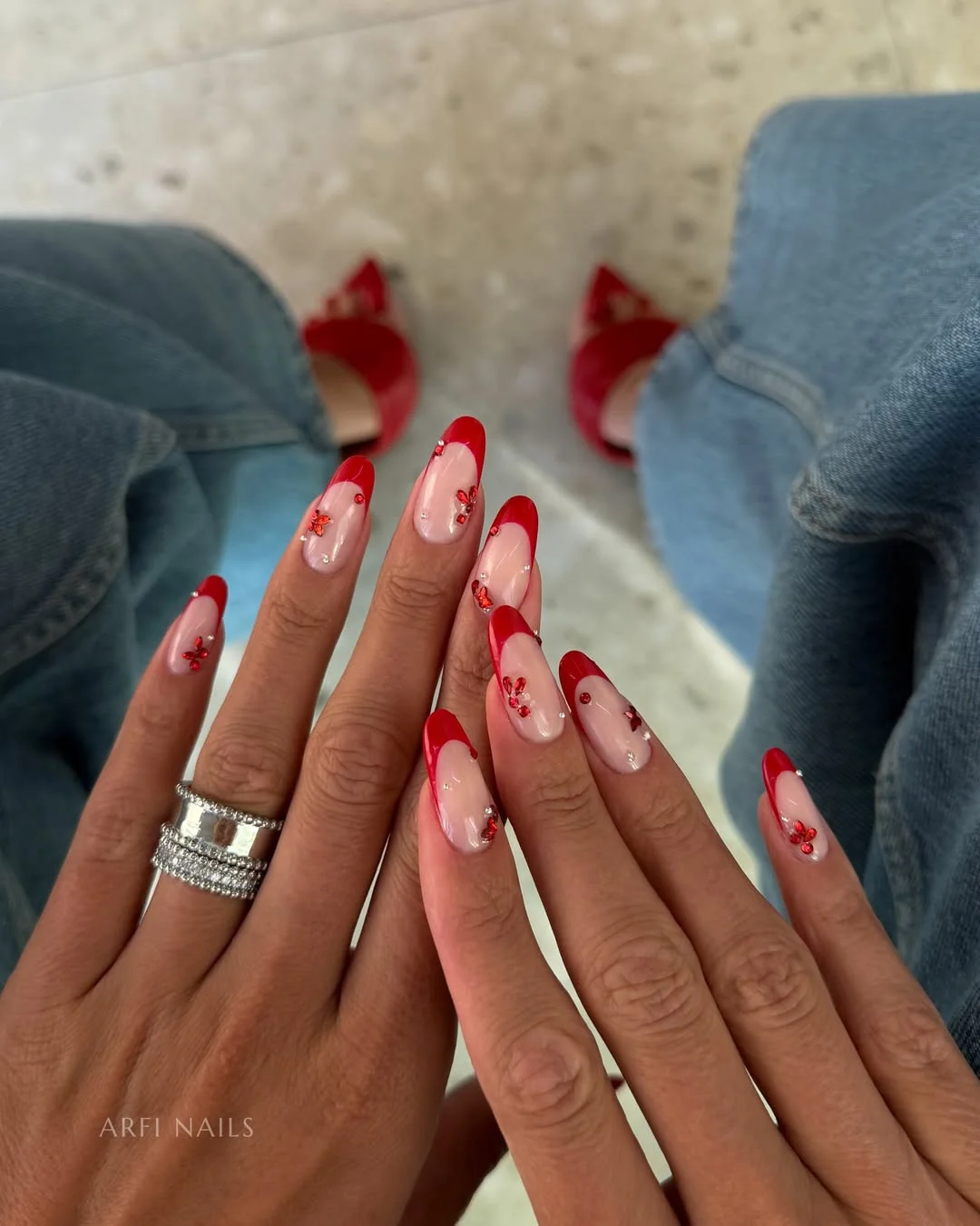 summer dip nails 2026 Cherry Red French Tips With Crystal Glam