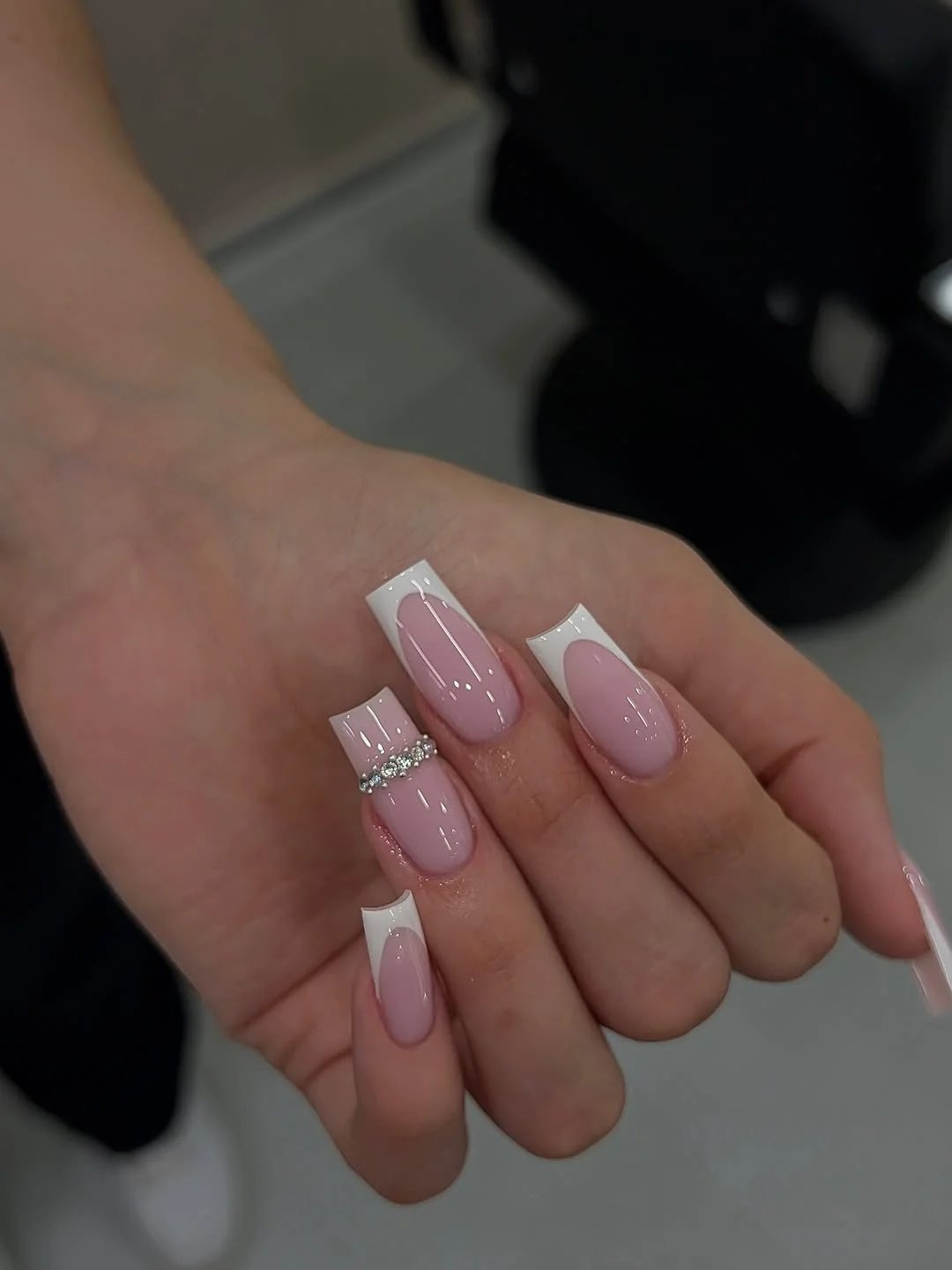 summer dip nails 2026 Modern White French Square Nails With Crystal Accent