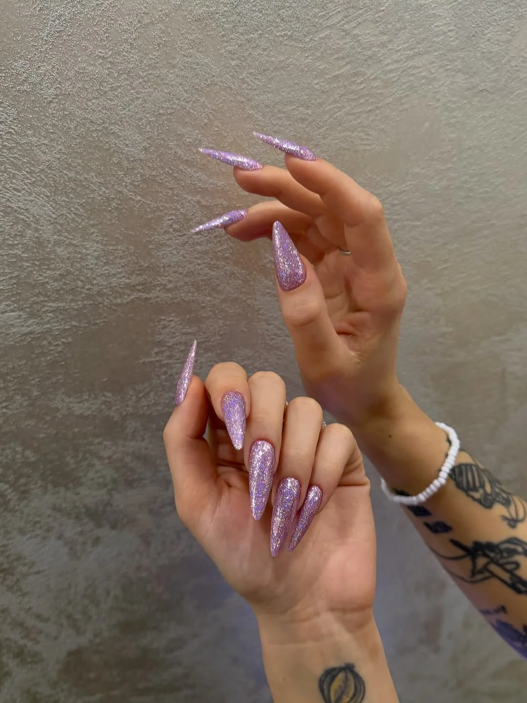 summer dip nails 2026 Lavender Glitter Stiletto Nails for Full Glam Summer Energy