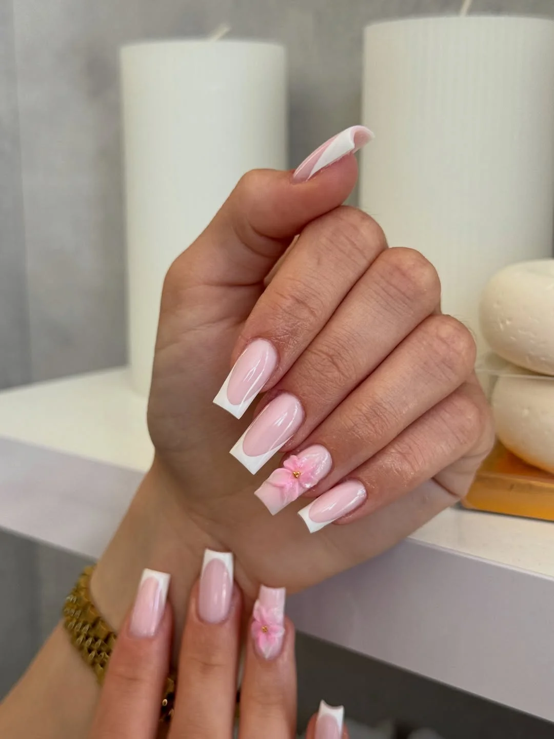 summer dip nails 2026 Romantic Pink Floral French Tips With Soft Bridal Energy