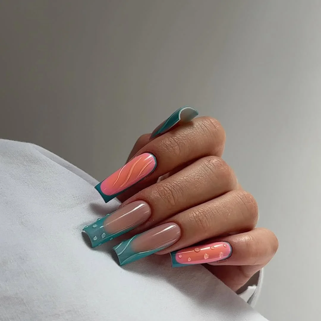 summer dip nails 2026 Retro Poolside Color Block Nails With Glossy Details