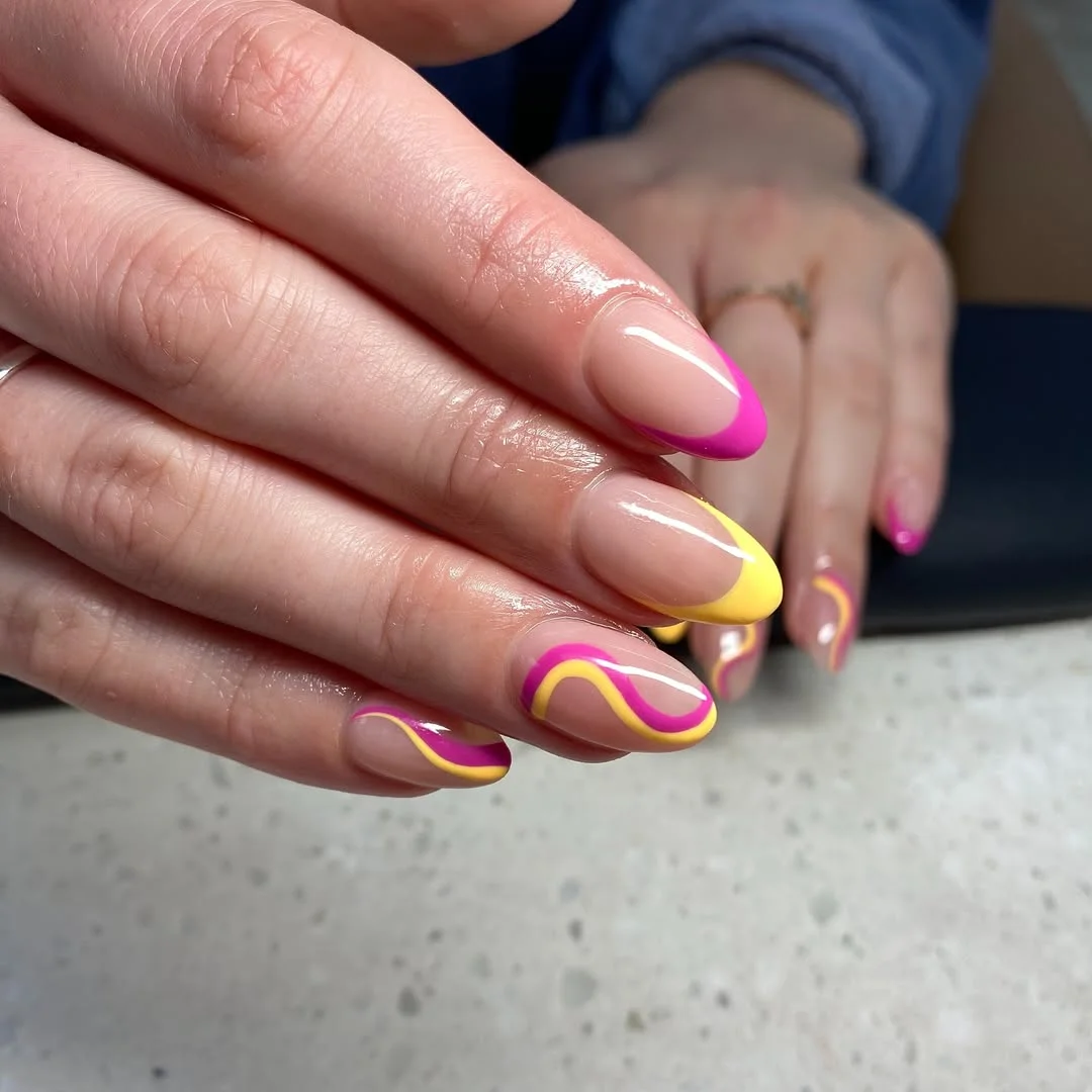 summer dip nails 2026 Hot Pink and Lemon Swirls for the Ultimate Vacation Mood