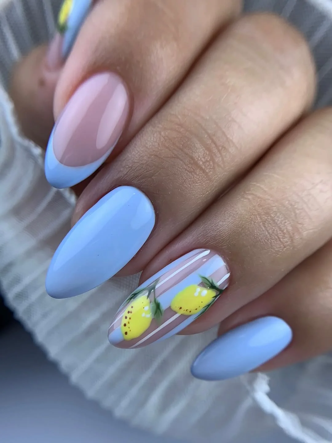summer dip nails 2026 Soft Blue Lemon Art That Feels Fresh From the Amalfi Coast