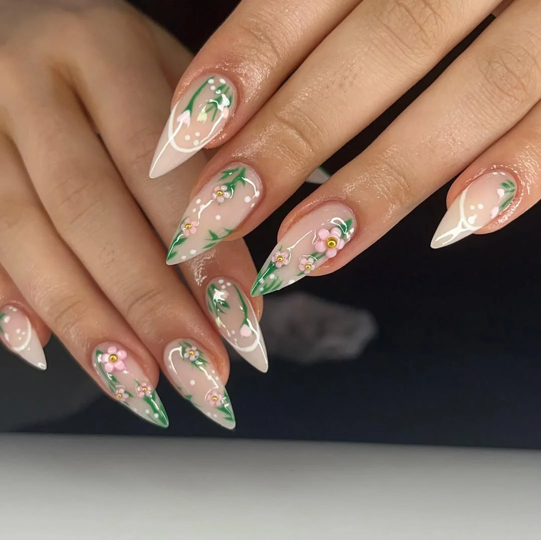 summer flower nails 2026 Botanical French Tip Nails With Delicate Pink Blossoms
