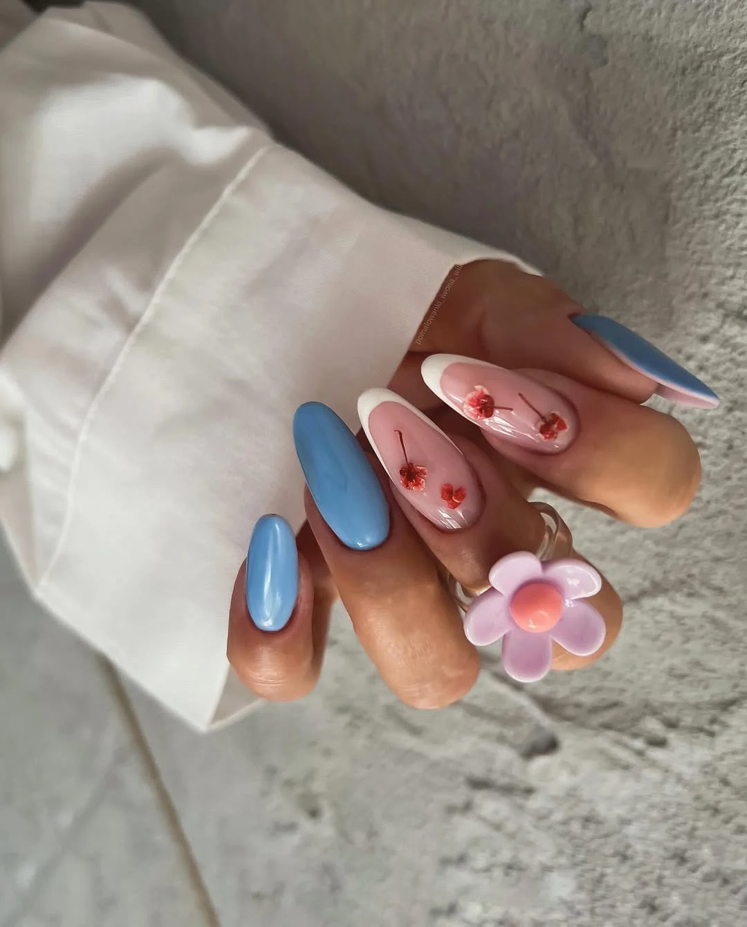 summer flower nails 2026 Blue Cherry Blossom Nails With Soft French Curves