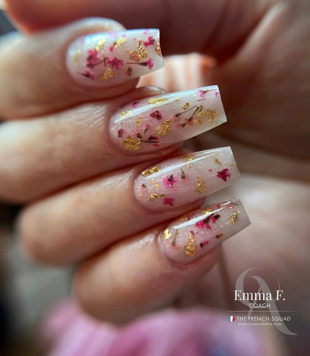 summer flower nails 2026 Pressed Blossom Glass Nails With Gold Leaf Details