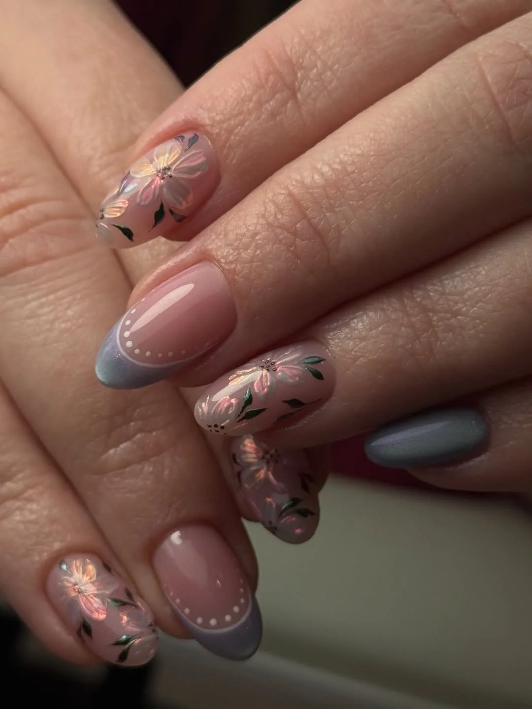 summer flower nails 2026 Dusty Blue Floral French Nails With Glossy Petal Details