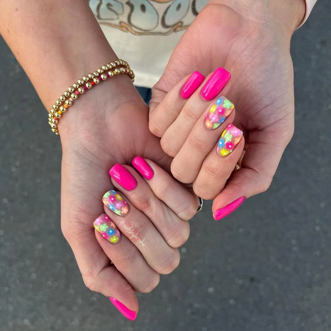 summer flower nails 2026 Hot Pink Pop Nails With Retro Floral Accents