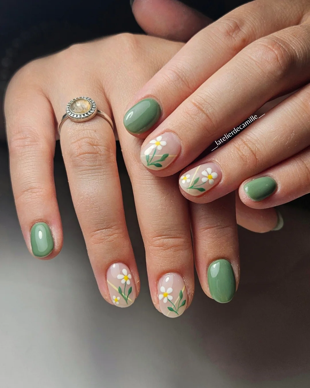 summer flower nails 2026 Fresh Sage Green Floral Nails For Minimalist Summer Days