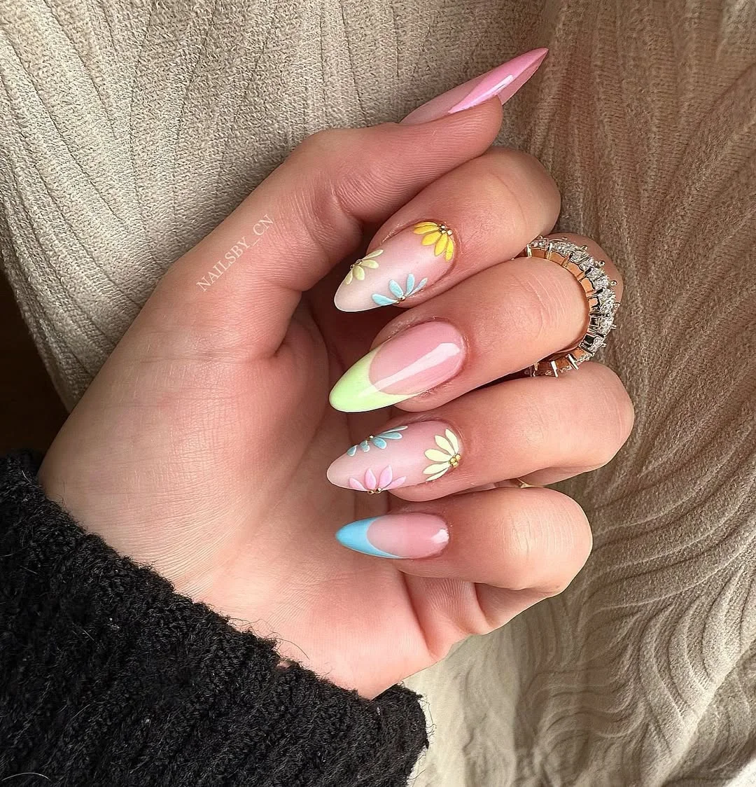 summer flower nails 2026 Pastel French Bloom Nails With Colorful Petal Details