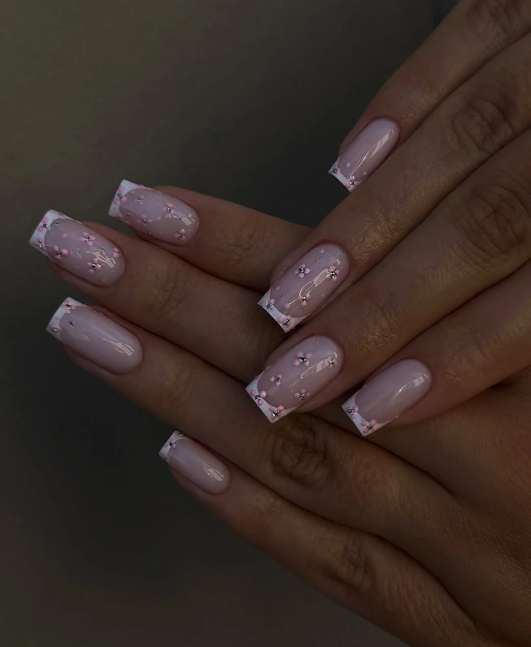 summer flower nails 2026 Glossy Blush Flower Nails With Crystal Details