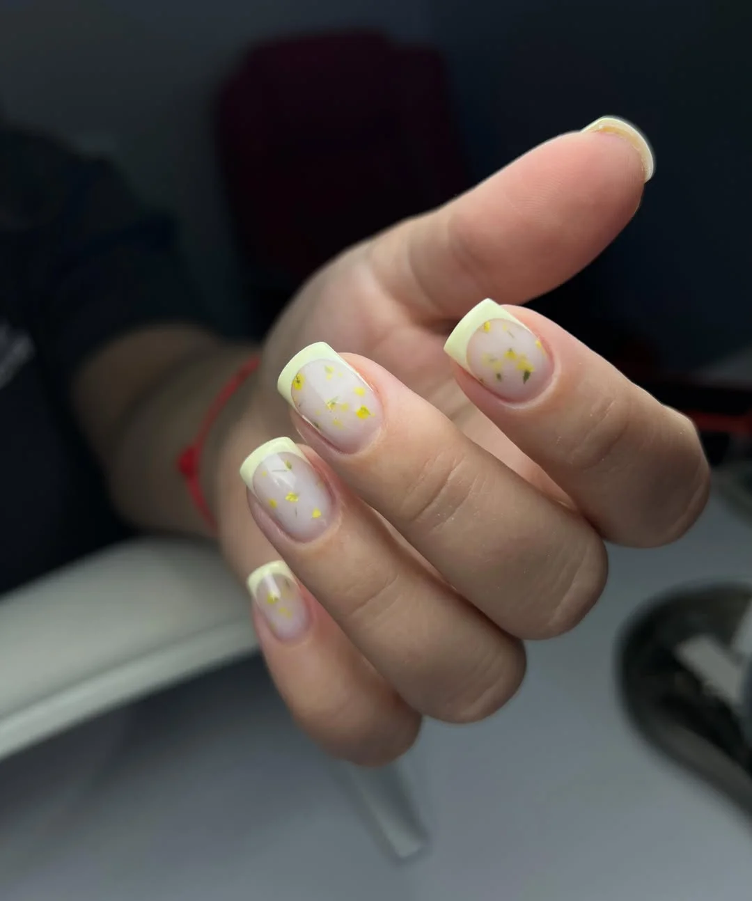 summer french tip nails 2026 Soft Yellow French Tips With Tiny Floral Details