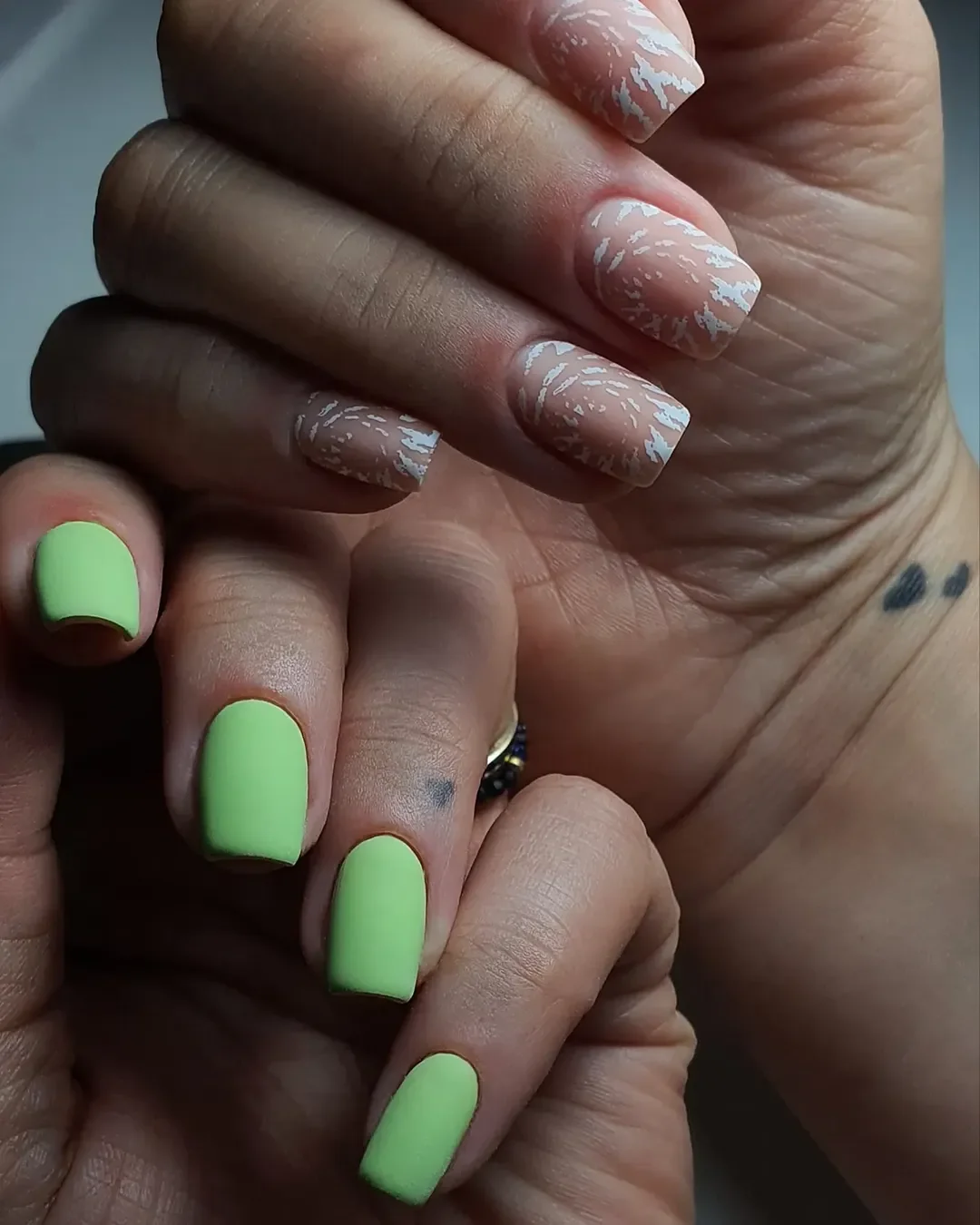 summer gel nails 2026 Matte Lime Nails With Abstract White Accent Art