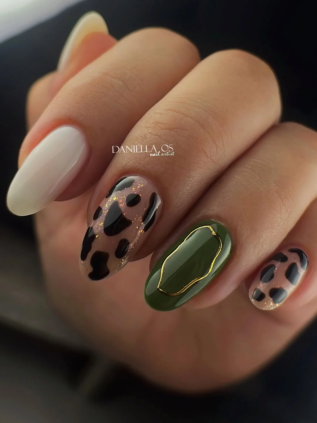summer gel nails 2026 Olive Green And Animal Print Nails With A Modern Twist