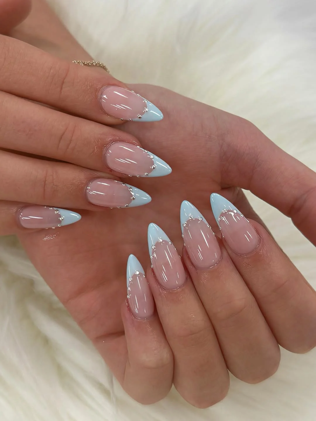 summer gel nails 2026 Powder Blue French Tips With Crystal Details