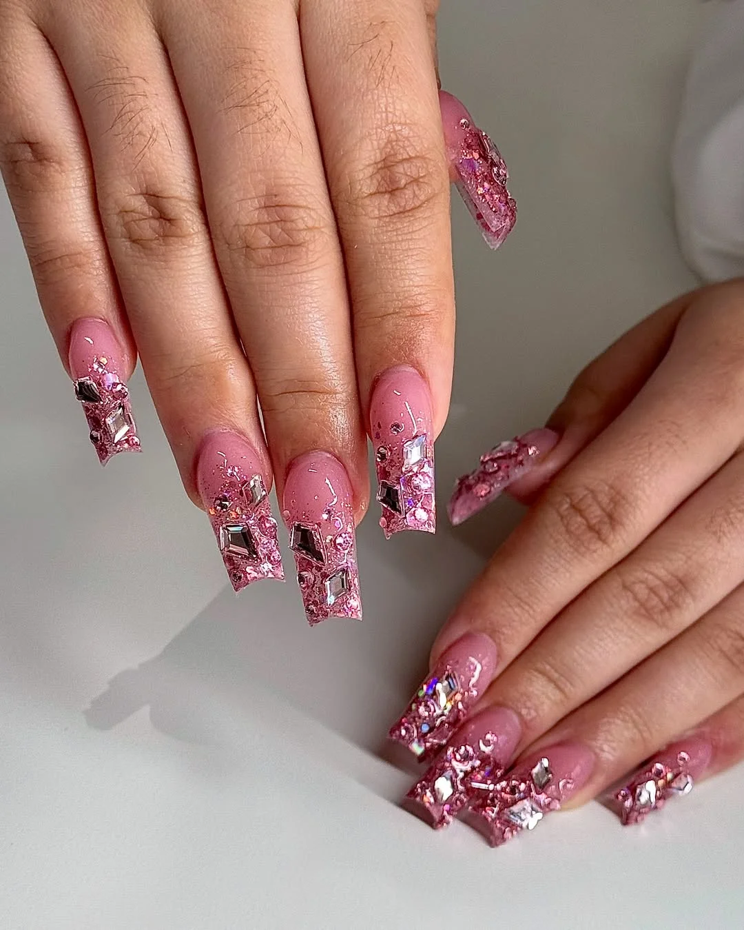summer glitter nails 2026 Maximalist Pink Glitter With Statement Crystal Details