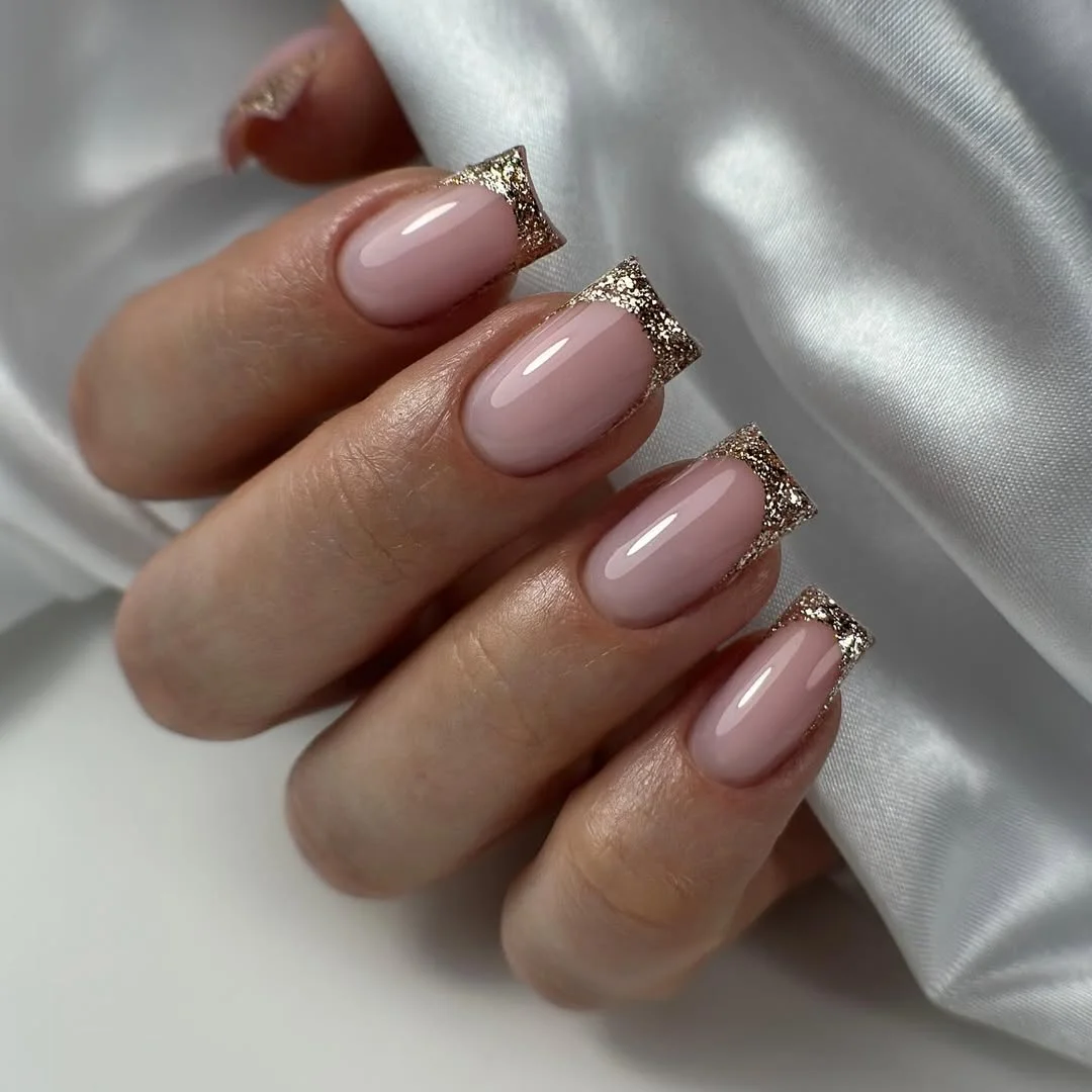 summer glitter nails 2026 Rose Gold Glitter French for Quiet Luxury Lovers