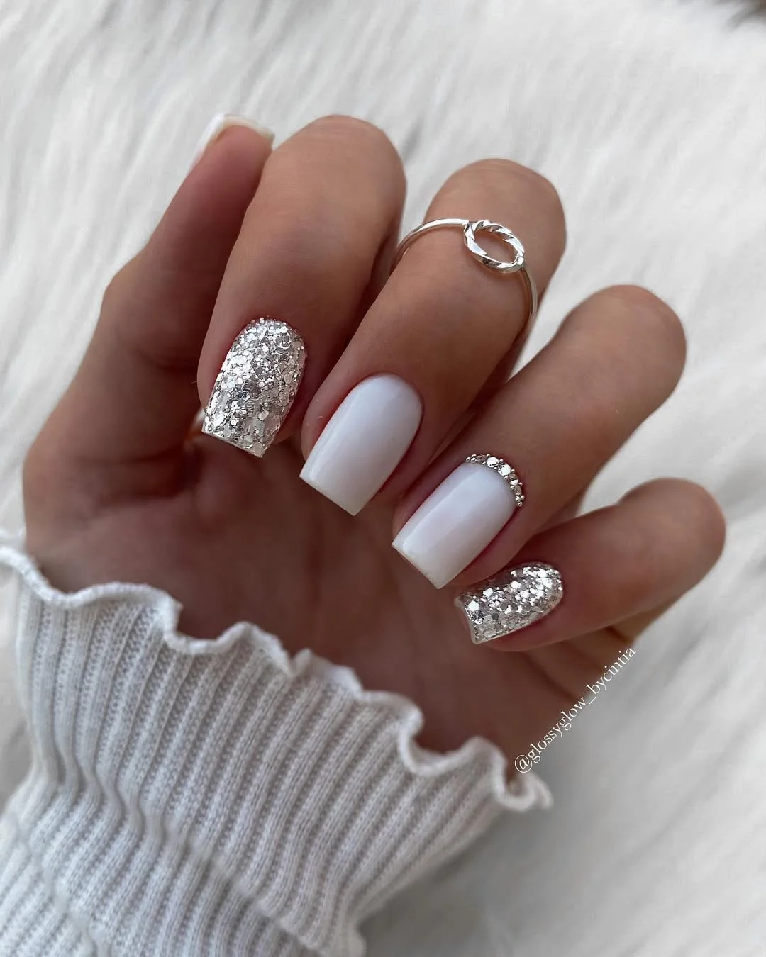 summer glitter nails 2026 White and Silver Glamour With Modern Sparkle