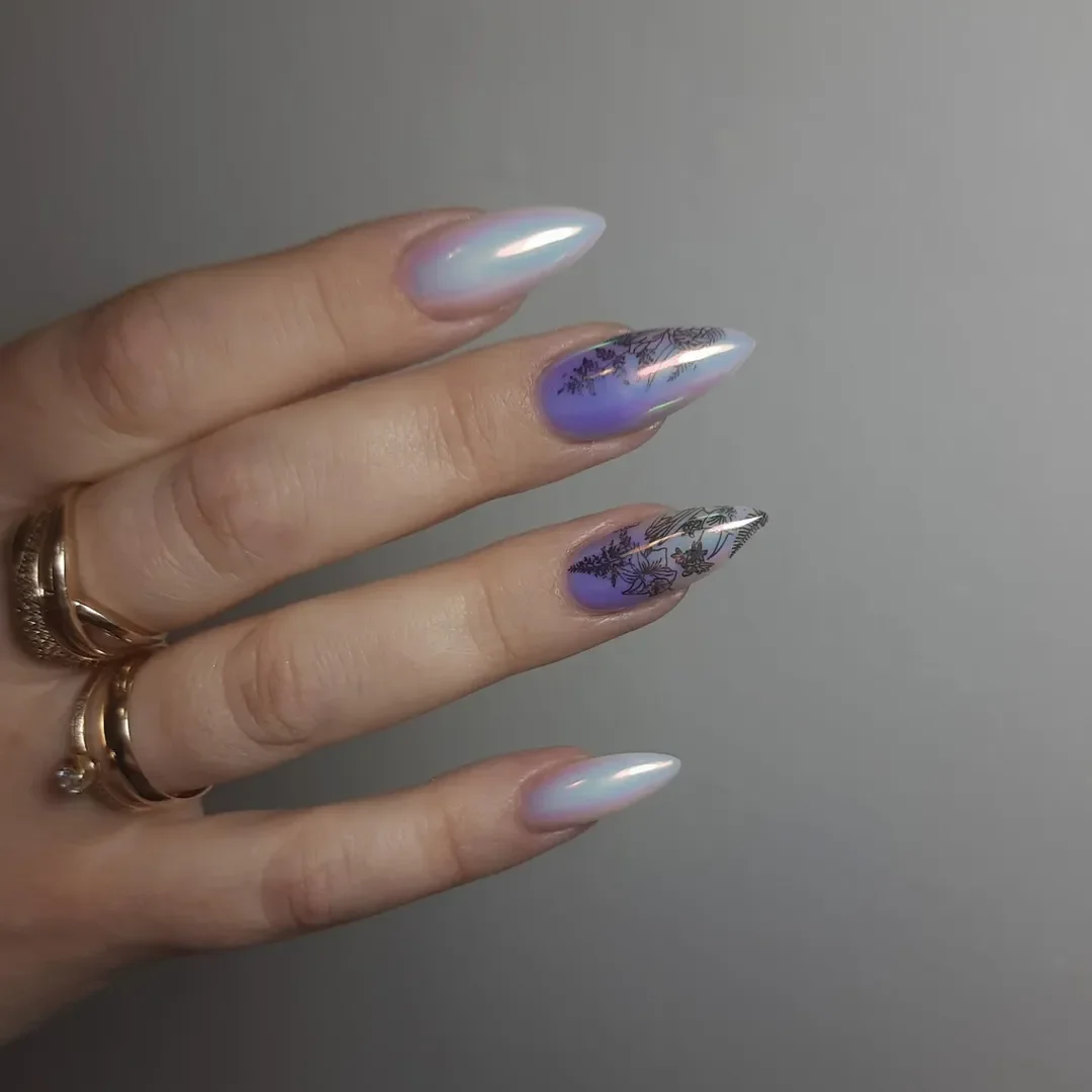 summer manicure color ideas 2026 Pearl Lilac Almond Nails With Delicate Black Florals