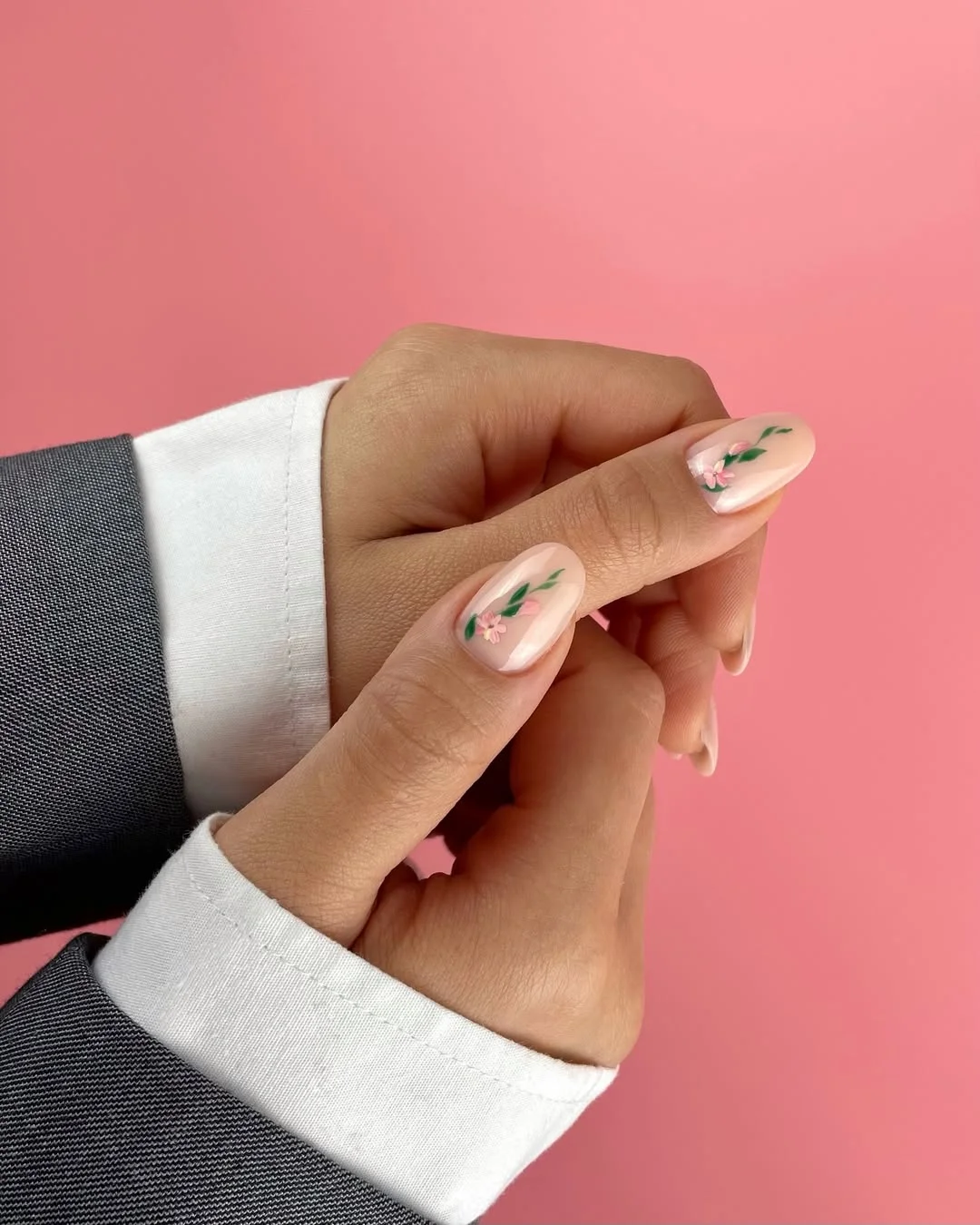 summer manicure color ideas 2026 Minimal Floral Nude Nails for Soft Summer Days