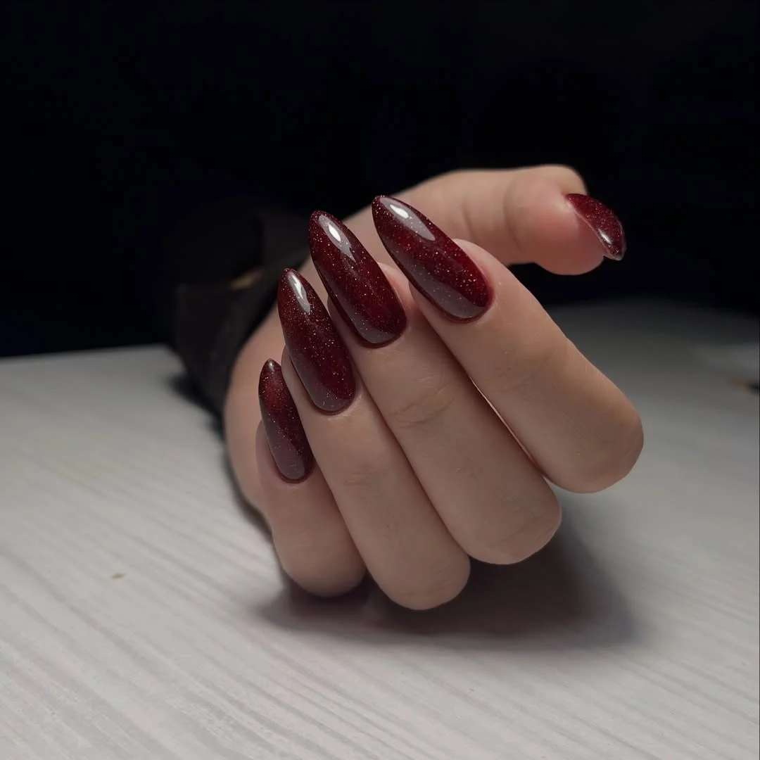 summer manicure color ideas 2026 Deep Cherry Glitter Nails for Warm Summer Nights
