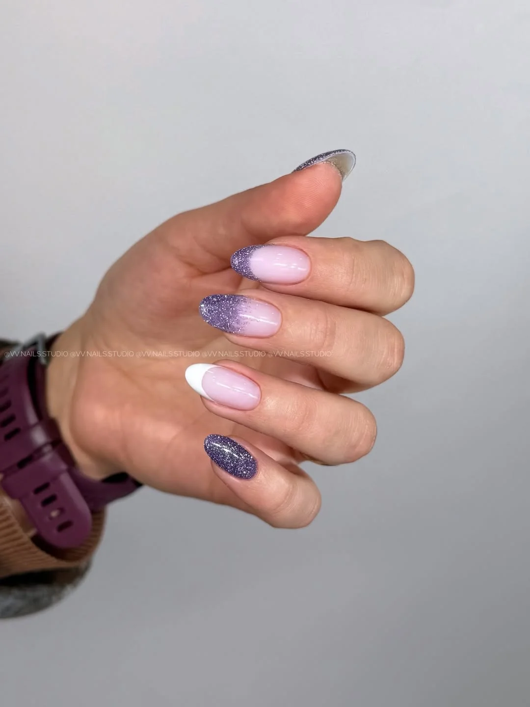 summer manicure color ideas 2026 Lavender Glitter French Nails With a Soft Romantic Finish