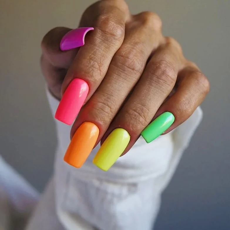 summer manicure color ideas 2026 Rainbow Neon Block Nails for the Brightest Days of Summer