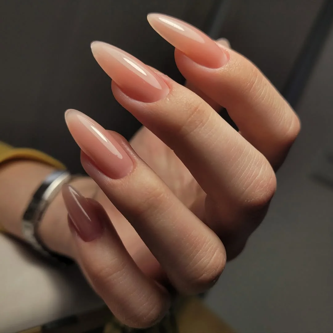 Summer mid nails ideas 2026 Glossy Pink Almond Perfection