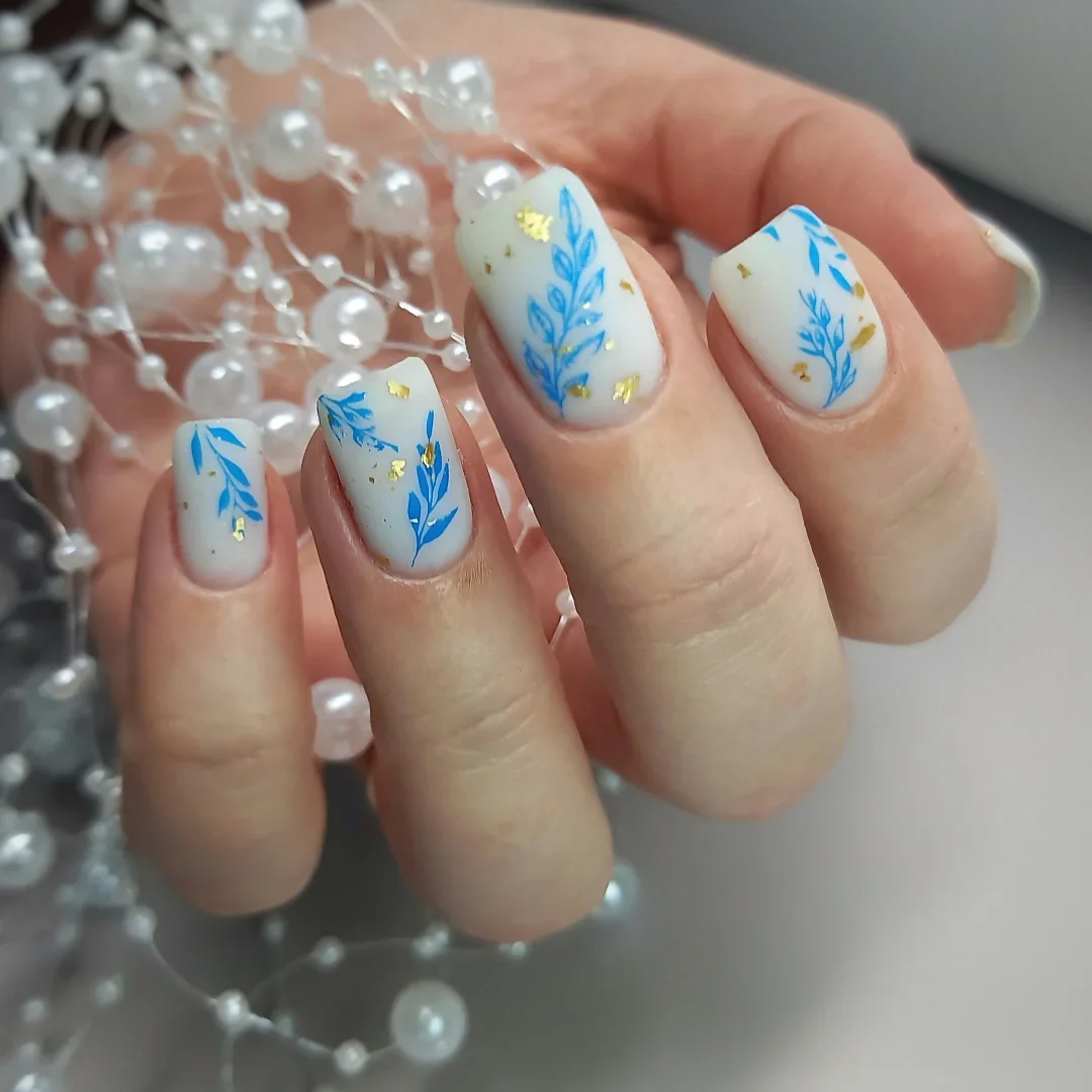 Summer mid nails ideas 2026 Blue Botanical Porcelain Art