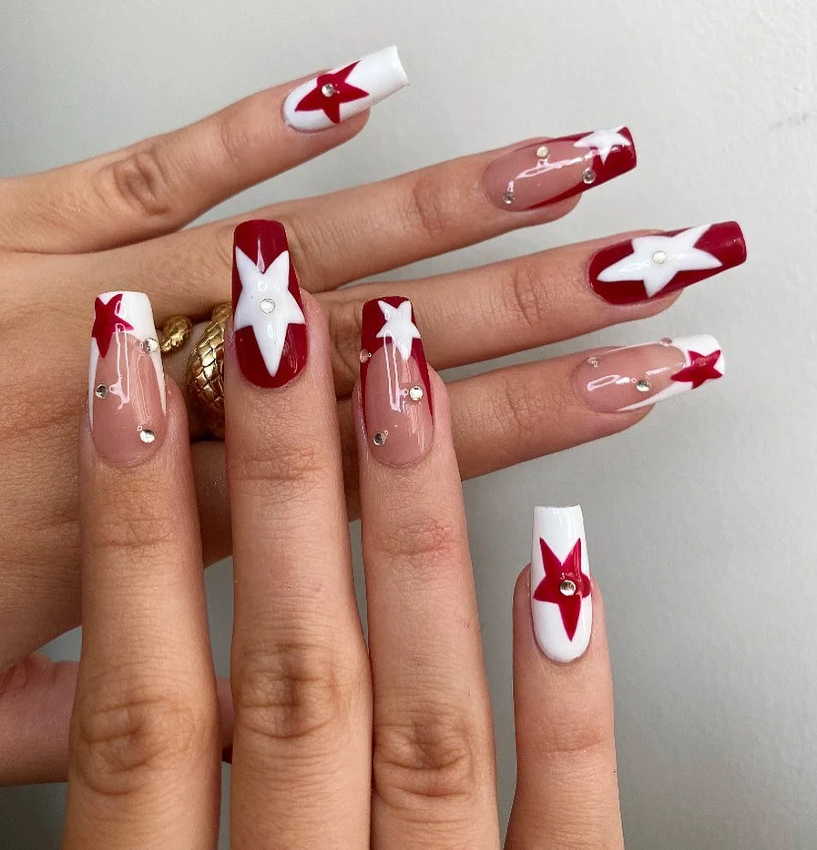 Summer mid nails ideas 2026 Retro Cherry Star Glam