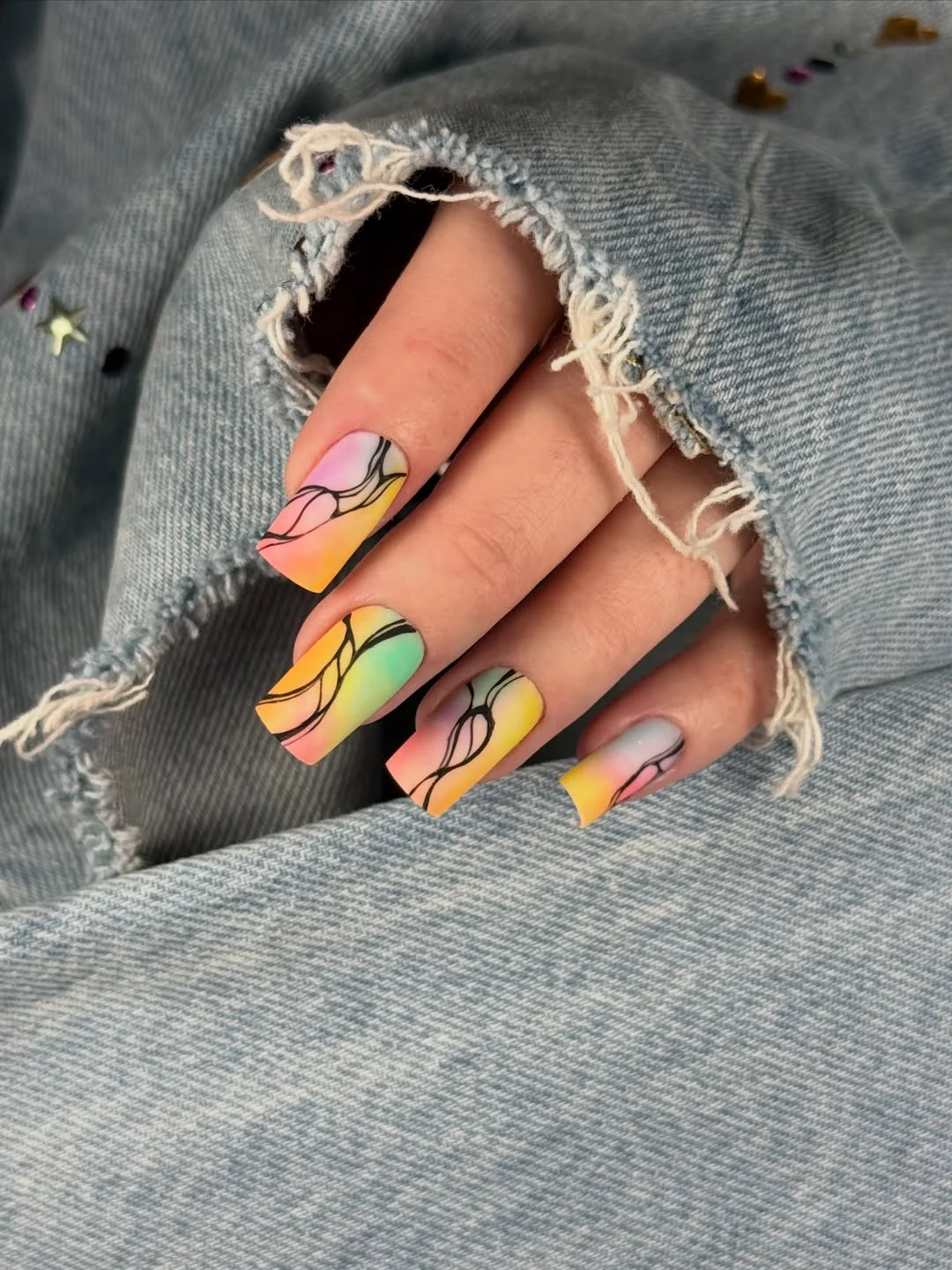 summer nail art 2026 Rainbow Gradient Nails With Graphic Black Waves