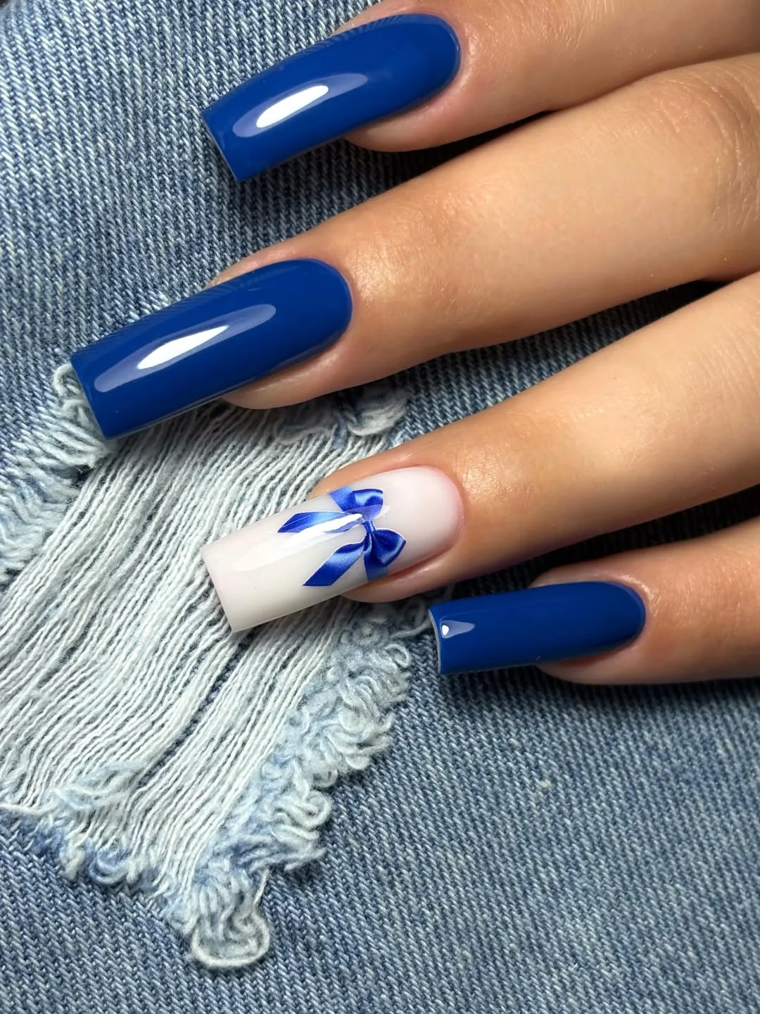 summer nail art 2026 Royal Blue Nails With a Satin Ribbon Accent