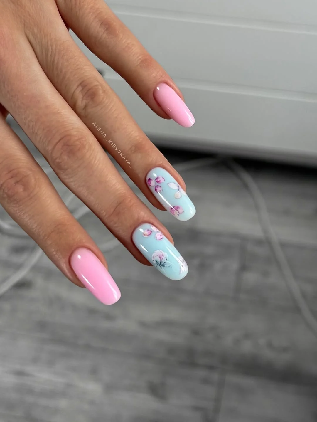 summer nail art 2026 Pastel Blue and Pink Floral Nails for a Sweet Summer Mood