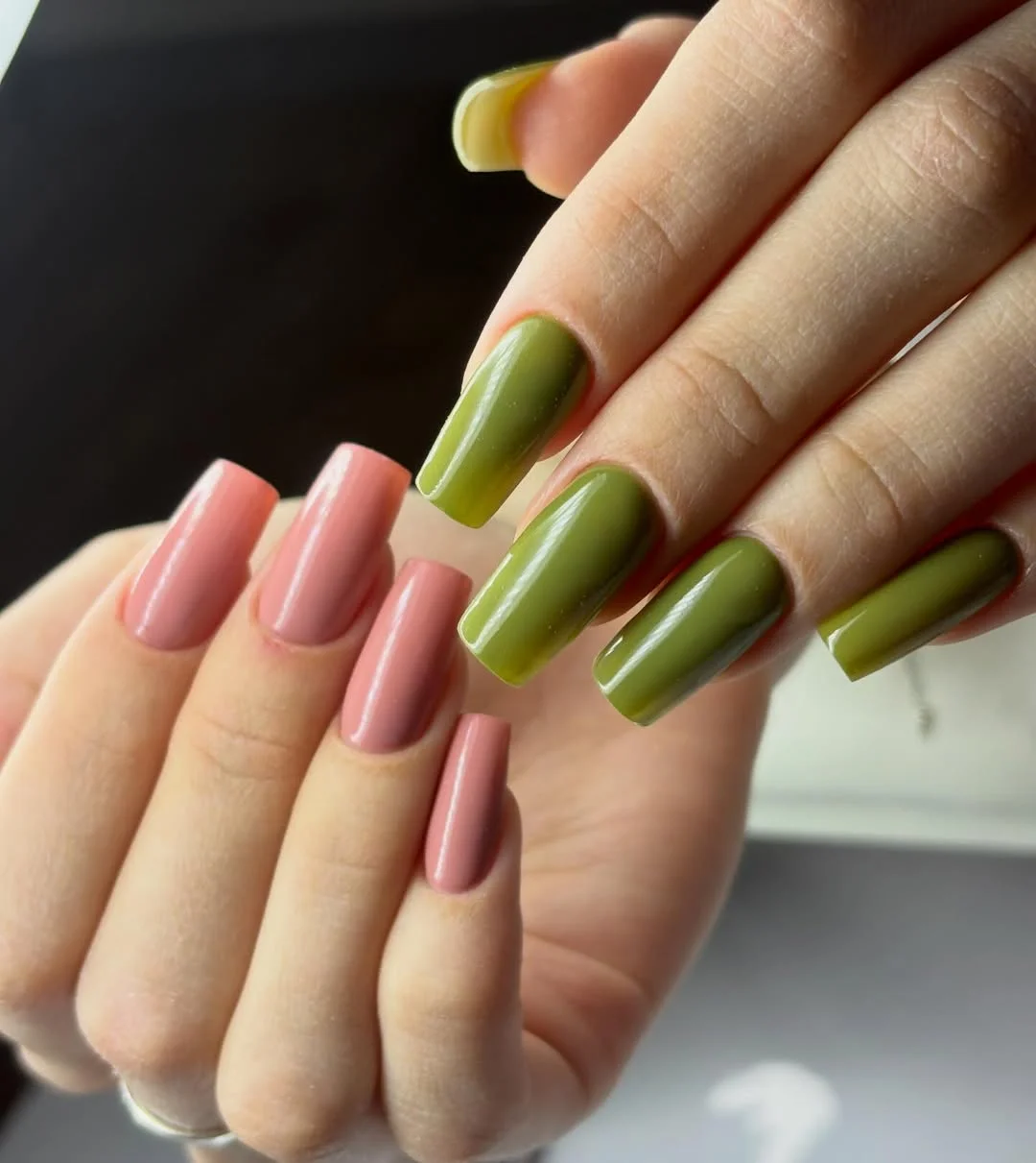 summer nail colors 2026 Olive Green And Dusty Pink Nails With Vintage Energy