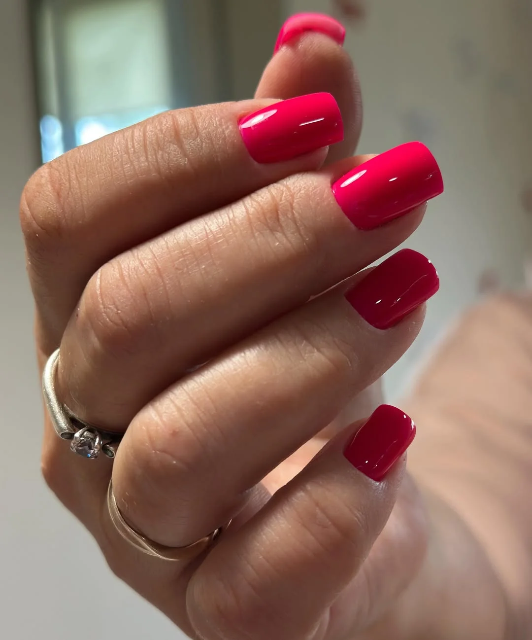 summer nail colors 2026 Hot Raspberry Nails With Glossy Retro Shine