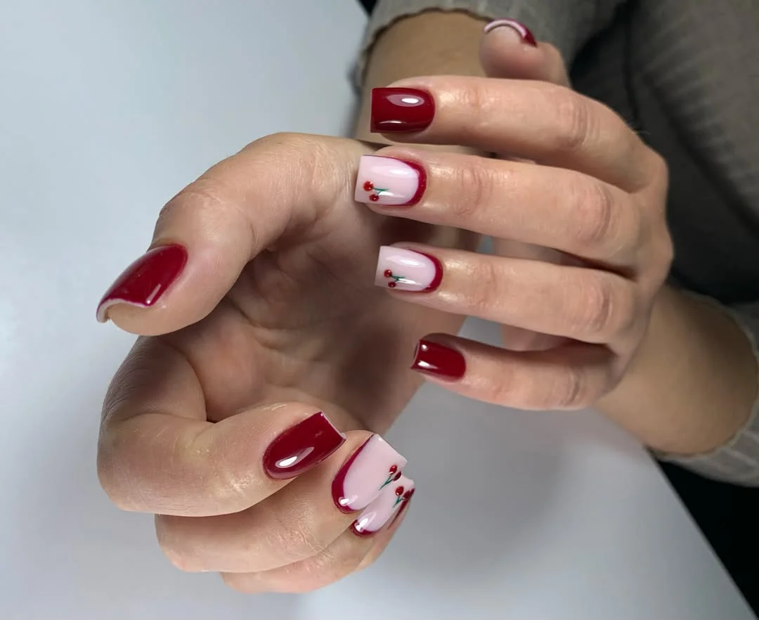 summer nail colors 2026 Cherry French Tip Nails With Tiny Retro Details