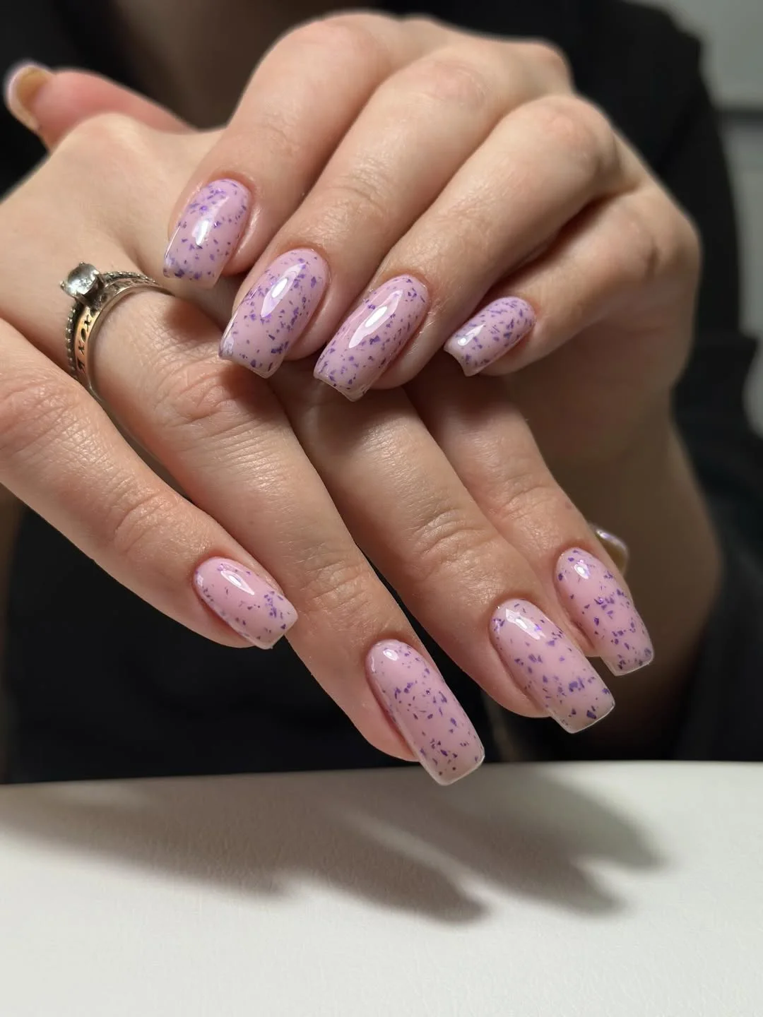 summer nail colors 2026 Lavender Speckled Nails With Delicate Pastel Texture